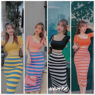Set áo cổ vuông phối chân váy sọc