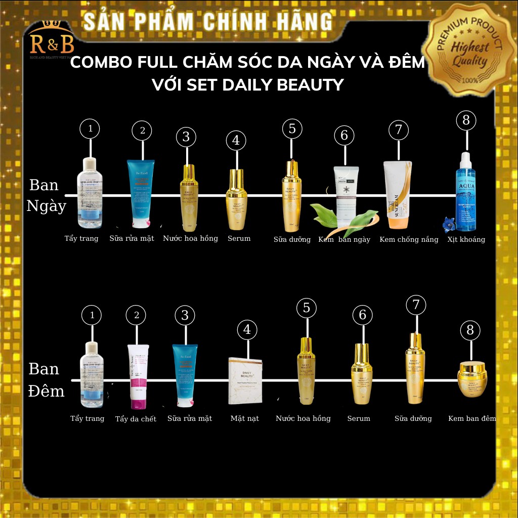 Combo Full chăm sóc da Ngày-Đêm mỹ phẩm Daily Beauty Hàn Quốc