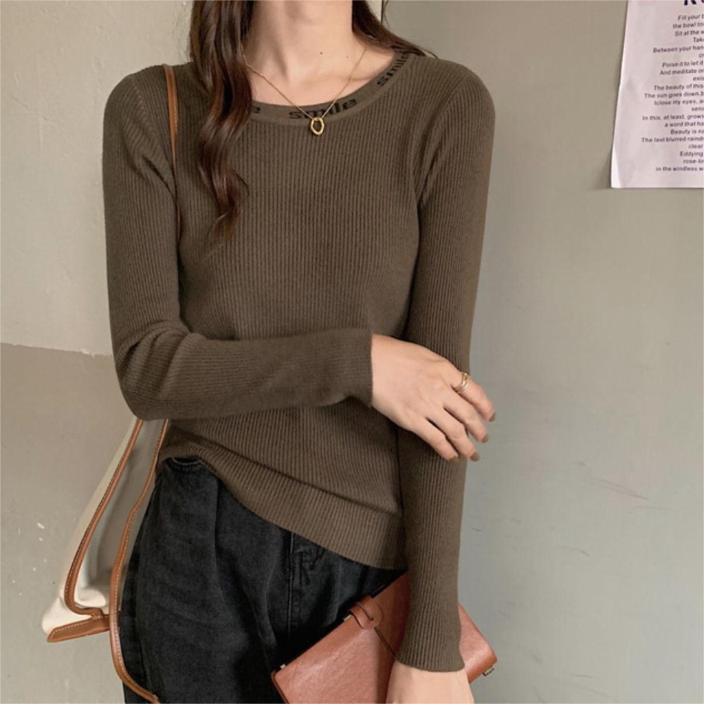 【ZHELIHANGFEI】Áo Dệt Kim Tay Dài Thêu Chữ Cá Tính Trẻ Trung Hợp Thời Trang