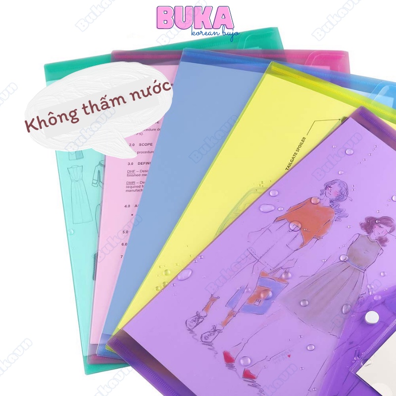 Túi đựng tài liệu A4 Basic nhiều màu 1 ngăn kèm Name tag có cúc bấm chống thấm nước tiện dụng Decorme