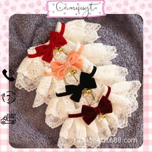 Vòng cổ cho chó mèo thú cưng CAMQUYTSTORE dạng yếm ren có nơ nhung gắn chuông
