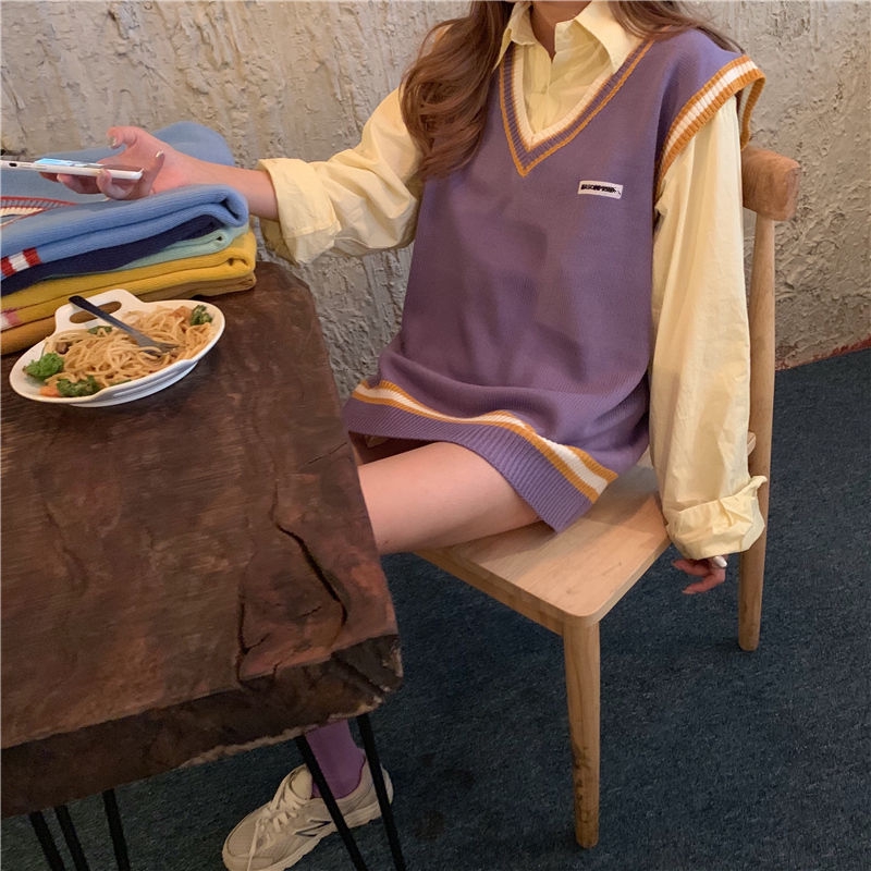 Áo Len Không Tay Cổ Chữ V Họa Tiết Kẻ Sọc Thời Trang Mùa Thu Hàn Quốc | BigBuy360 - bigbuy360.vn