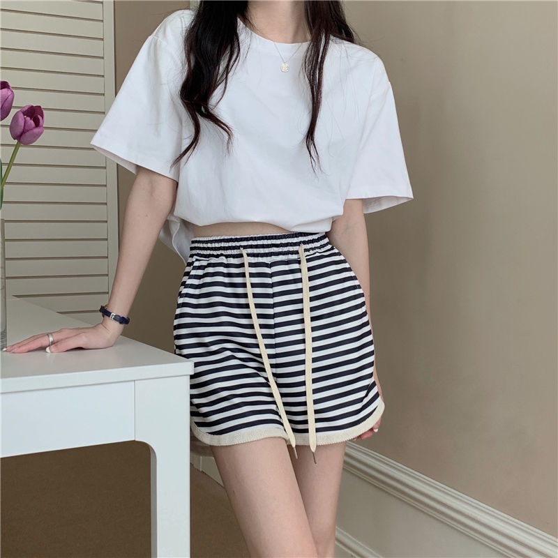 Quần Short Thể Thao Lưng Cao Ống Rộng Họa Tiết Kẻ Sọc Thời Trang Mùa Hè Dành Cho Nữ