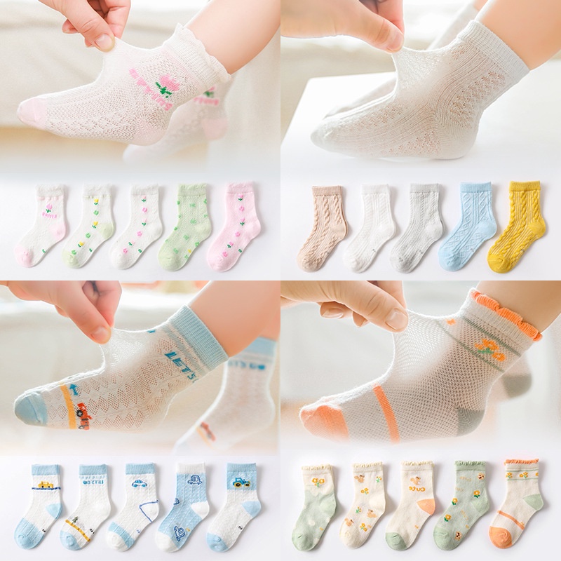 Bộ 5 Đôi Vớ Cotton Thoáng Khí Thoải Mái Họa Tiết Hoạt Hình Xinh Xắn Dành Cho Bé