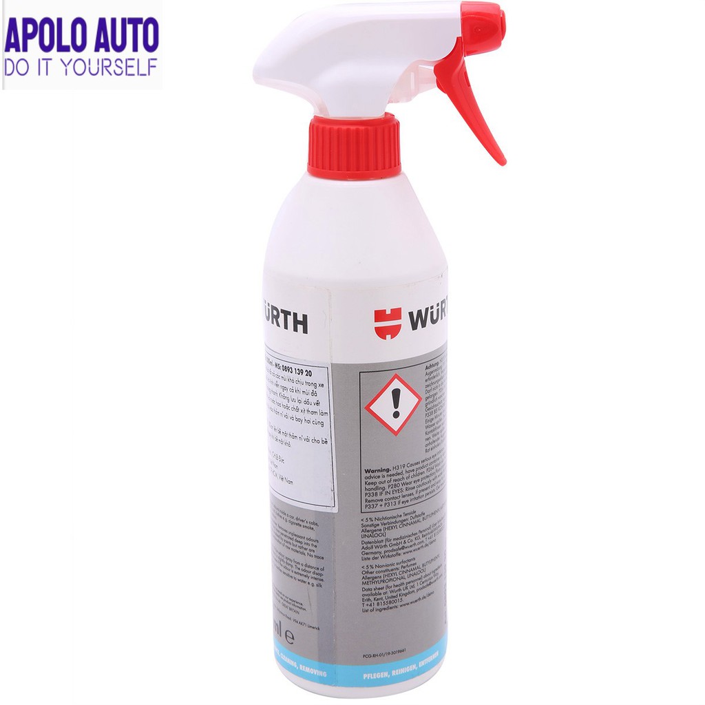 Khử Mùi Nội Thất Wurth 500ml. Triệt tiêu nguyên nhân gây mùi hôi trên ghế da, nỉ, thảm tap lô, sàn.