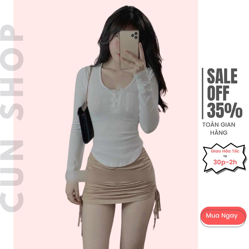 Áo crop top tay dài cổ chữ V dáng ôm quyến rũ / Chân váy lưng cao thời trang-Mã70