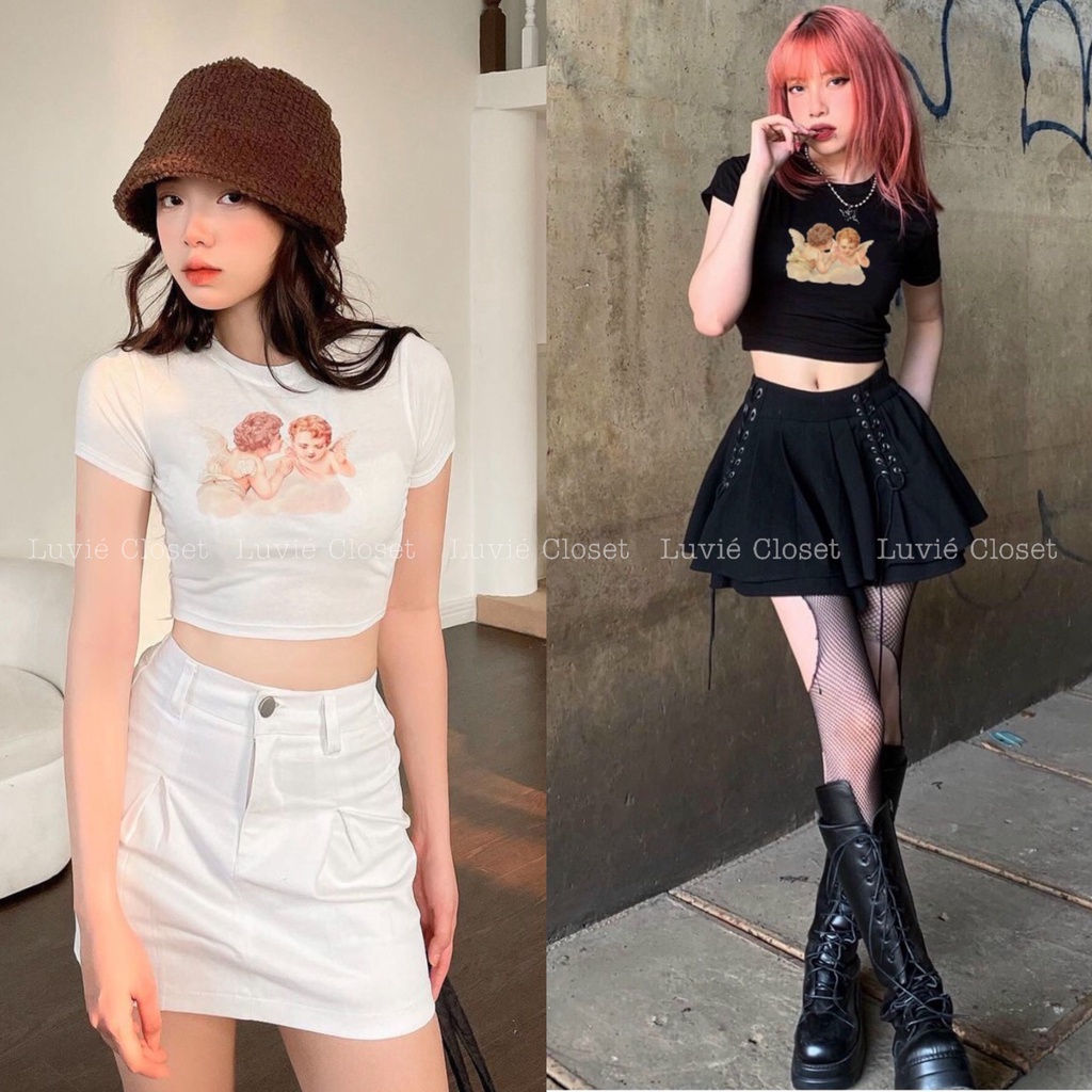 Áo croptop ôm body in hình 3D thiên thần dễ thương xinh xắn