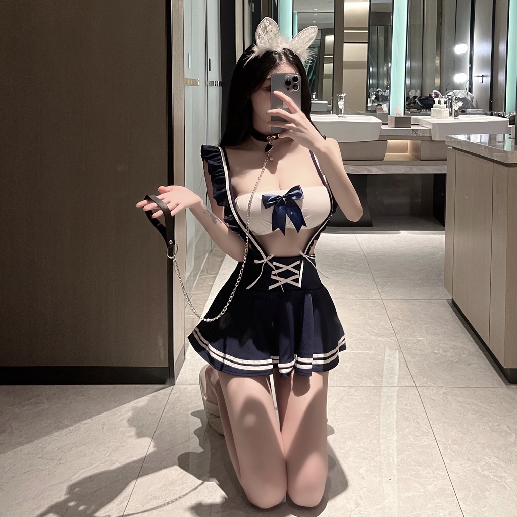 Váy ngủ cosplay học sinh xanh áo quây đính nơ gợi cảm C63 | BigBuy360 - bigbuy360.vn