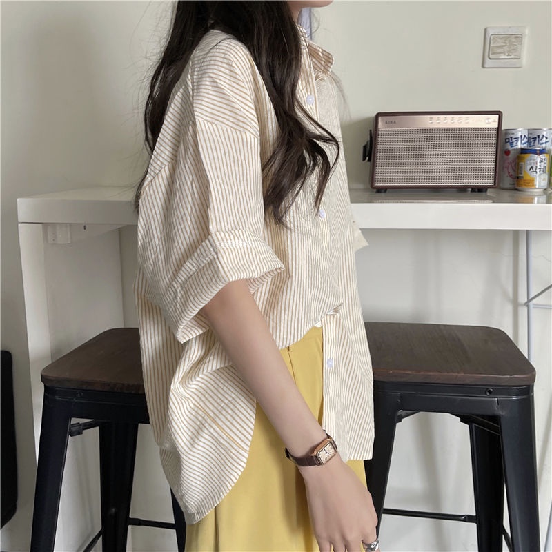 Áo sơ mi IELGY dáng rộng họa tiết kẻ sọc phong cách Hàn Quốc thời trang cho nữ