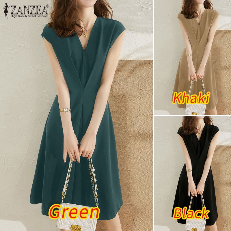 Đầm midi ZANZEA không tay cổ chữ V màu trơn có khóa kéo sau lưng tùy chọn màu sắc cho nữ