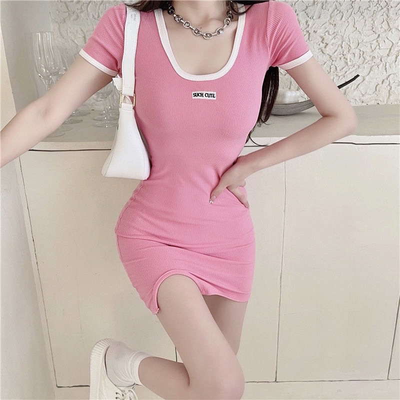 VÁY ÔM BODY TAY NGẮN THÊU SUCH CUTE CHẤT THUN GÂN ĐẸP