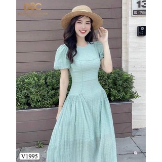 Váy xoè xanh li nhăn tay bồng cho nữ