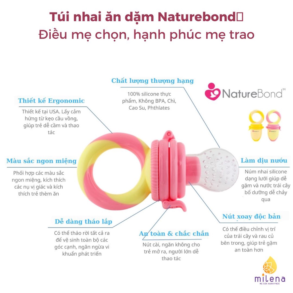 Túi nhai ăn dặm cho bé kích thích ngon miệng NatureBond chống hóc độc quyền chính hãng gồm 6 Núm  4-12 tháng