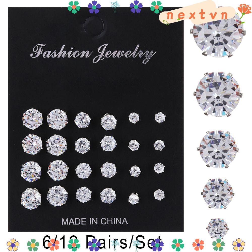 Set 6 / 12 Đôi Bông Tai Đính Đá Zircon Tròn Đơn Giản Thanh Lịch Cho Nữ