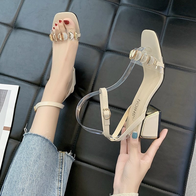 Giày sandal gót vuông 5cm phối quai tròn cực xinh