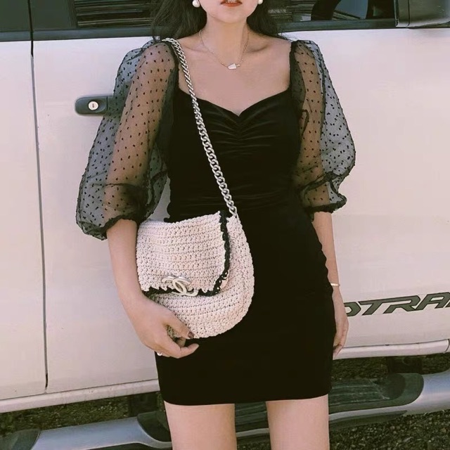 ĐẦM NHUNG NHÍU NGỰC TAY LƯỚI