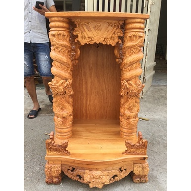 Bàn Thờ Thần Tài Rồng Mây Gỗ Gõ Đỏ, bàn thờ ông địa trạm , bàn thờ gỗ ông địa