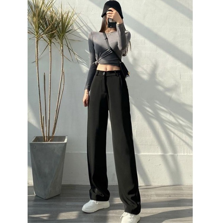 Quần ống suông nữ lưng cao đen dáng đứng dài công sở chất vải mềm - Quần ống rộng culottes cạp cao khóa trước mặc đi học