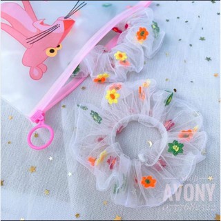 cột tóc vải Scrunchies lưới thêu hoa mai nhí sắc màu