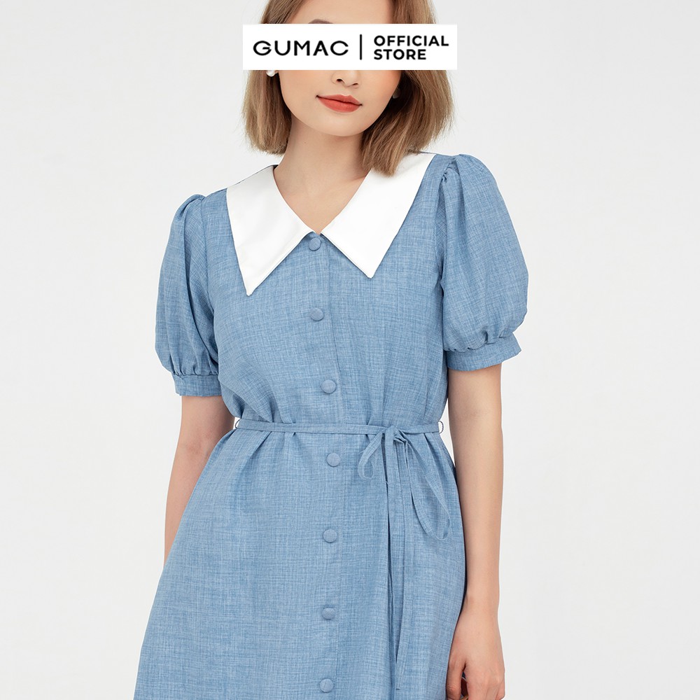 [Mã MABR07062 giảm 8% tối đa 50K đơn từ 249K] Đầm xòe nữ nẹp nút phối cổ GUMAC màu xanh tay ngắn DB574 | BigBuy360 - bigbuy360.vn