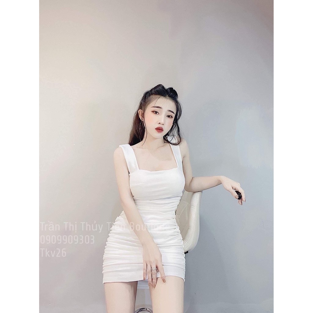 Đầm hai dây to vuông , đầm ôm body nhúm sườn chất thun thái dày dặn co giãn siêu hot