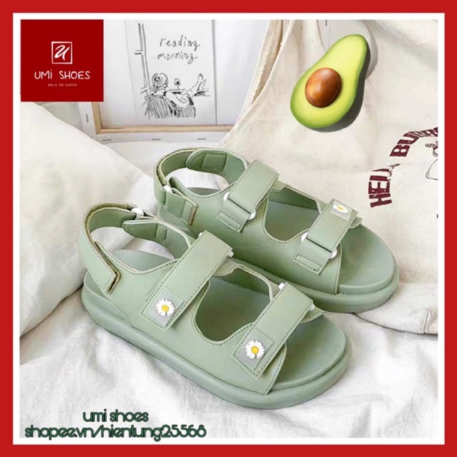 [CÓ SẴN] Giày sandal nữ hoa cúc quai bản ngang ULZZANG đế độn nâng cao 3 phân đi biển xanh/đen/kem đi chơi đi học đẹp