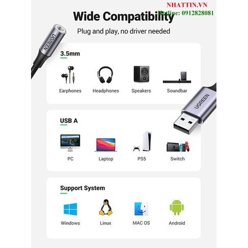 Card sound USB 2.0 Type-A to 3.5mm dây dù bọc nhôm có kèm MIC Ugreen 30757 cao cấp