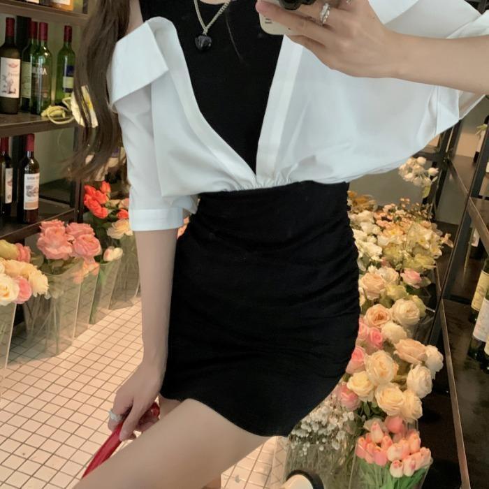 Đầm Sơ Mi Ngắn Tay Hở Vai Dáng Ôm Thiết Kế Chắp Vá Phong Cách Preppy Mùa Hè Hàng Mới Dành Cho Bạn Nữ