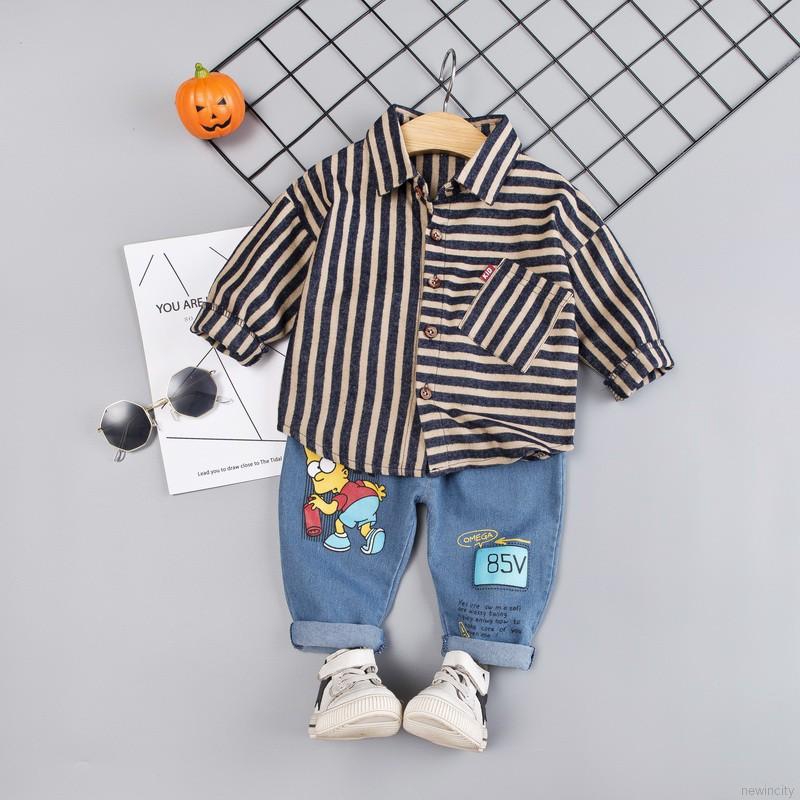 Bộ áo sơ mi kẻ sọc tay dài cổ gập + quần denim dài phong cách Âu Mỹ cho bé trai