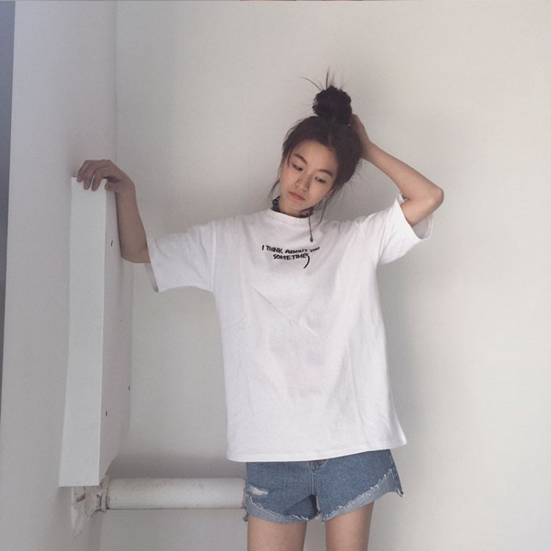 IELGY Korean version of Harajuku style hoop loose letters embroidered short sleeve T-shirt
