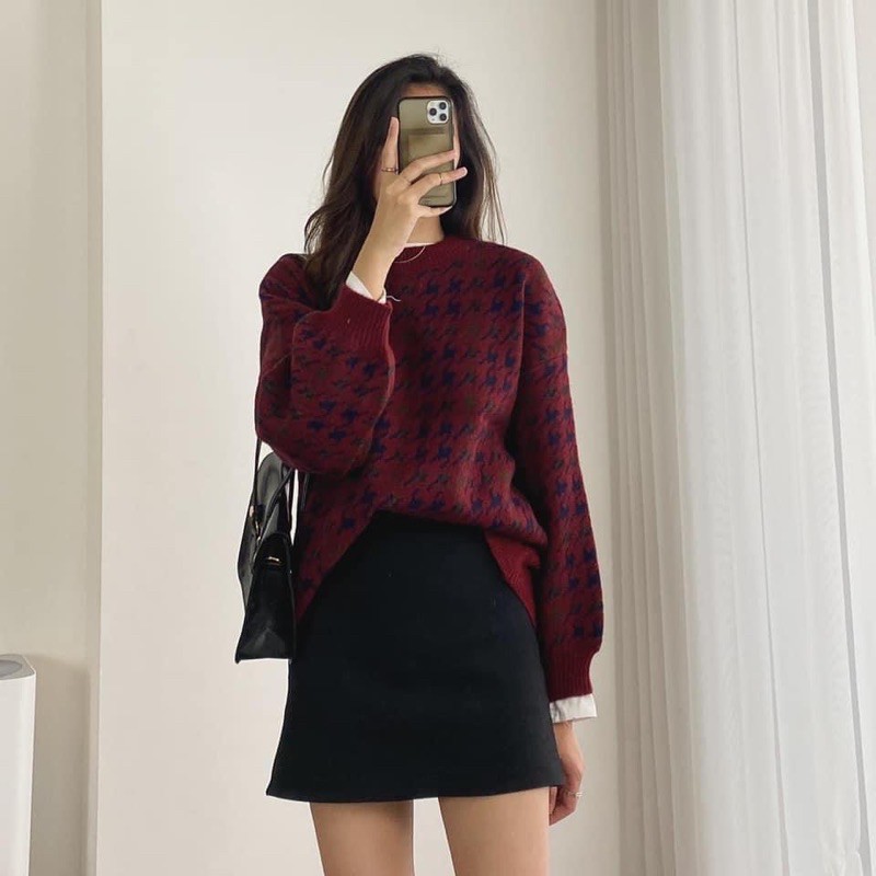 Áo len dạ oversize kẻ