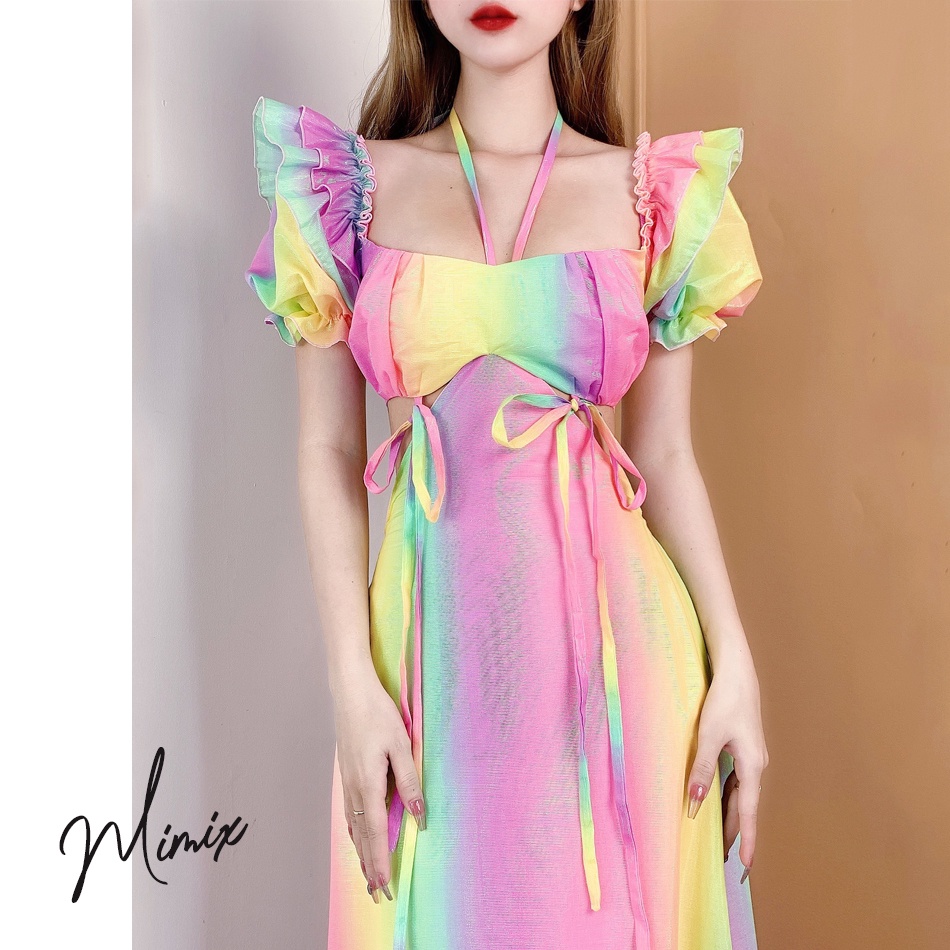 Đầm maxi cổ yếm áo croptop kèm yếm rời rainbow MIMIX BY7250