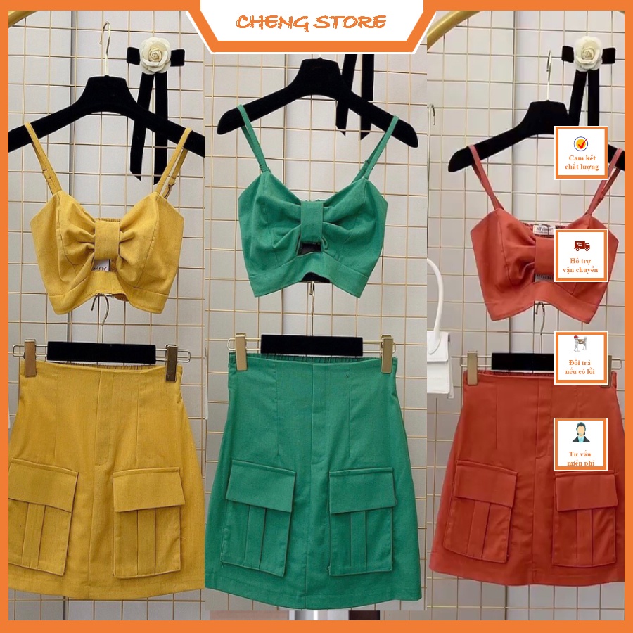 Set áo 2 dây croptop mix chân váy siêu xinh