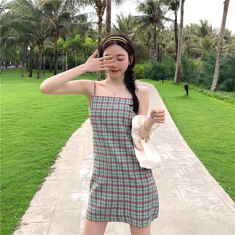 Váy hai dây ngắn kẻ ô đi chơi đi biển siêu đẹp dành cho nữ