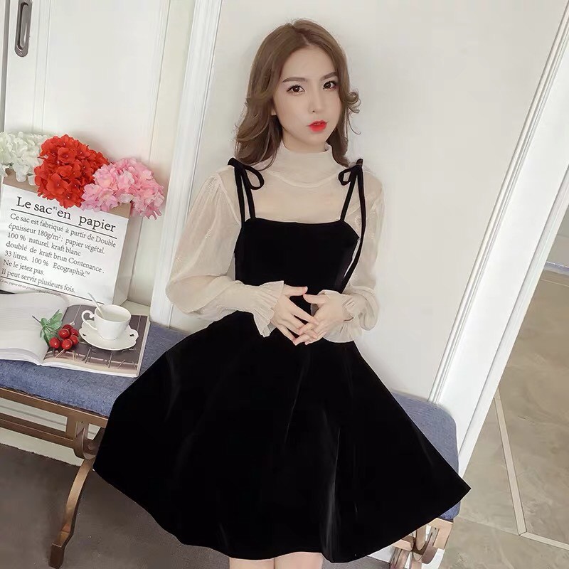 Đầm nhung ulzzang dài tay dáng xòe dự tiệc tiểu thư - Roxie