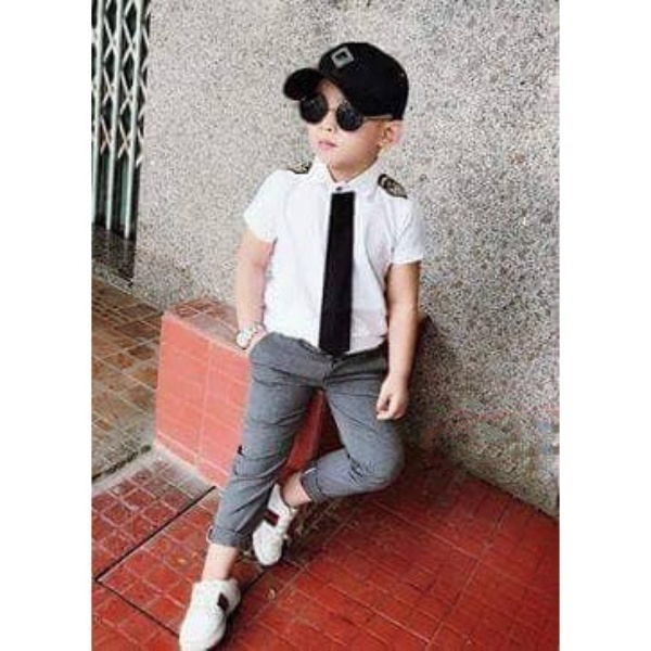 Áo sơ mi phi công kèm cà vạt đen đính ở cổ áo phom đẹp vải đẹp cho bé trai bé gái
