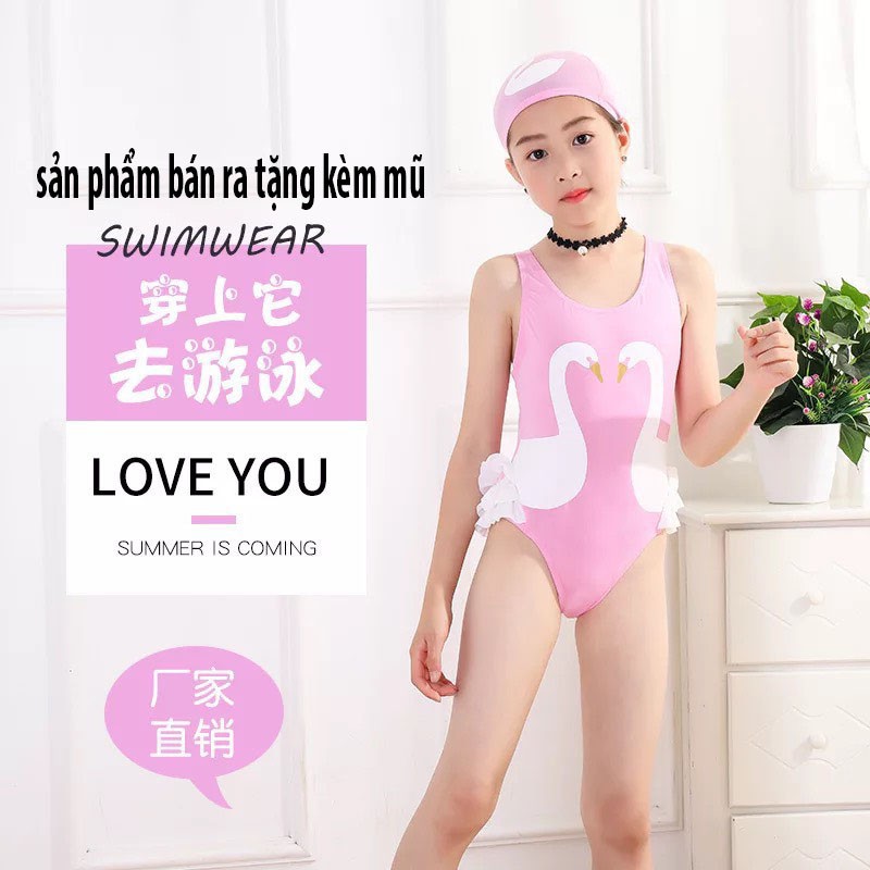 Bộ đồ bơi bé gái hạc hồng 2 màu kèm mũ cho bé từ 1-9 tuổi