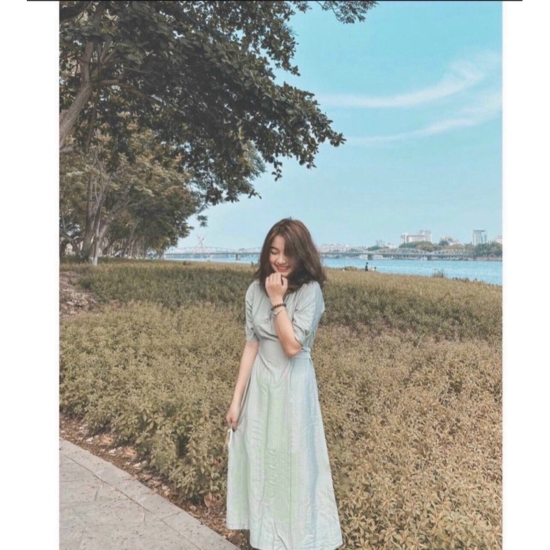 Đầm xanh tay phồng cột eo ( ảnh thật sàn)