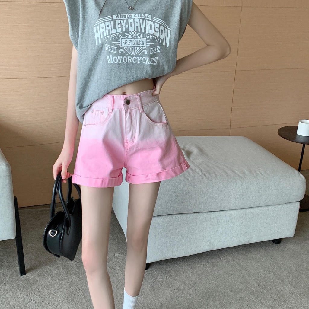 SUXI Quần Short Denim Ống Rộng Lưng Cao Màu Gradient Thời Trang Mùa Hè Dành Cho Nữ