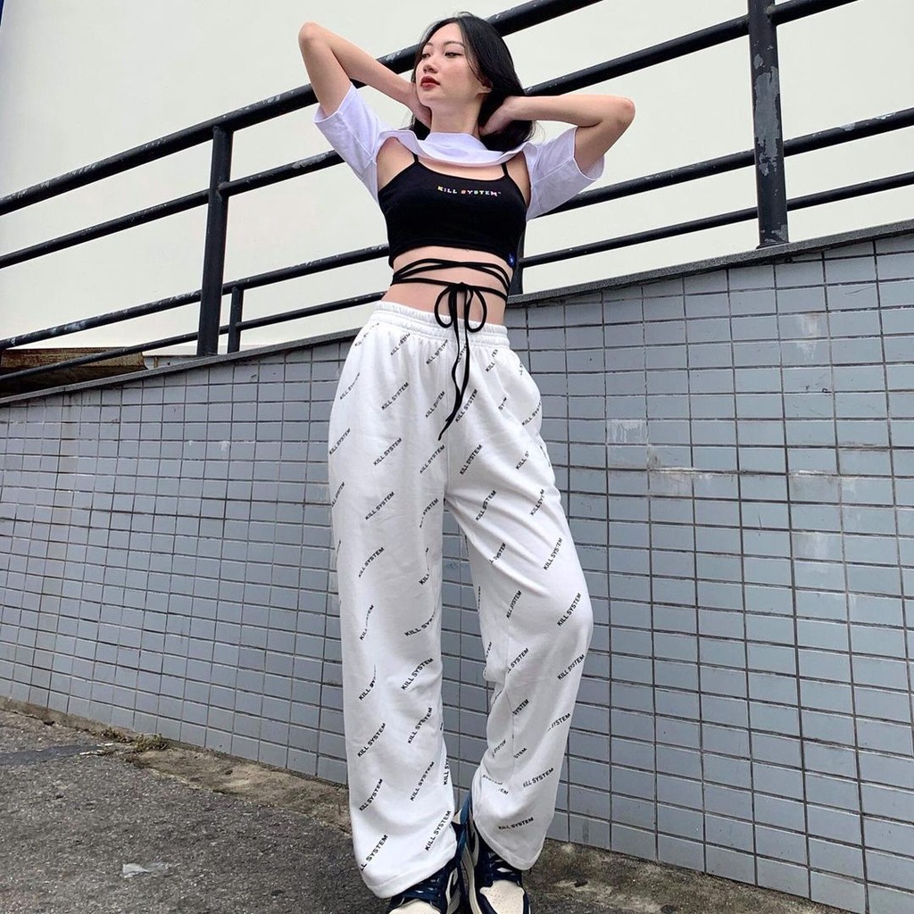 Quần thun dáng suông ống rộng màu  Kill System chữ xéo, vải chân cua oversize phong cách unisex | BigBuy360 - bigbuy360.vn