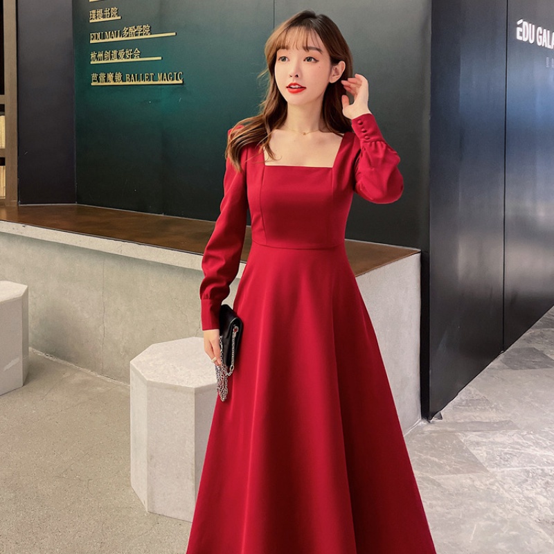 Đầm midi màu trơn thời trang mùa thu hàn quốc cho nữ