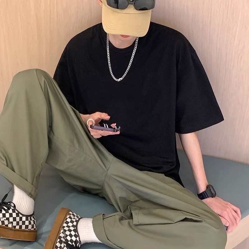 Áo thun unisex tay lỡ, áo phông form rộng màu đen trắng trơn
