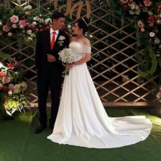 Váy cưới phi trắng trễ vai đuôi cá dài, váy cưới cô dâu đính hôn đám hỏi chụp ảnh cưới