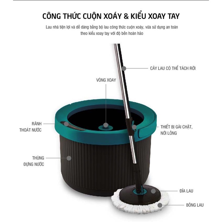Bộ cây lau nhà LocknLock xoay tay xoay 360 độ tặng kèm 3 bông lau HPP345S2 ETM498MITS2 - K-MALL