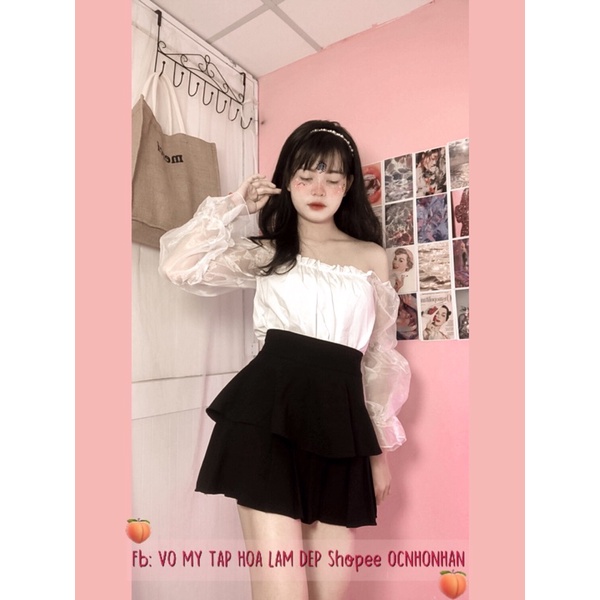 Set áo bẹt vai tay voan phối chân váy tầng xoè