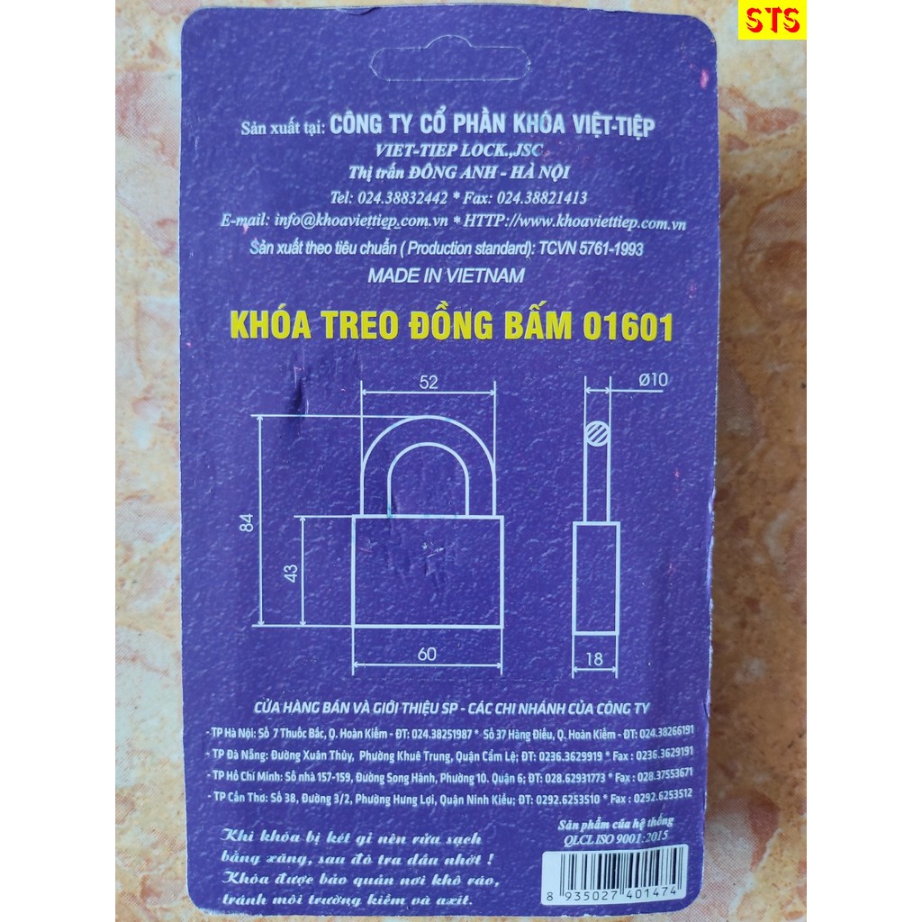 [Hàng chính hãng] - Khóa VIỆT TIỆP - Khóa treo đồng bấm 01601