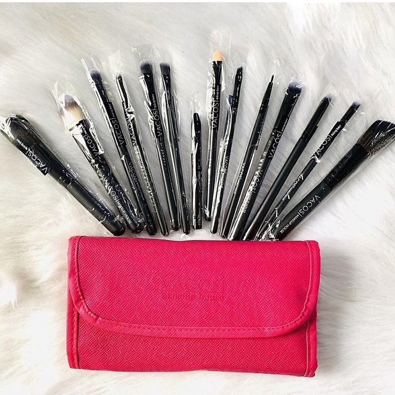 Bộ 14 cây cọ trang điểm mặt mắt và môi Vacosi kèm ví da/bóp da hồng BC09