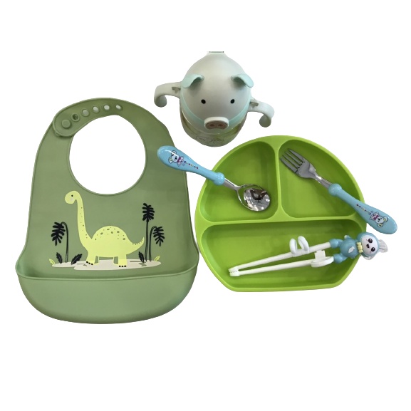 Khay ăn dặm cho bé bằng Silicon có đế hít chống đổ kèm thìa , dĩa, đũa tập ăn cao cấp