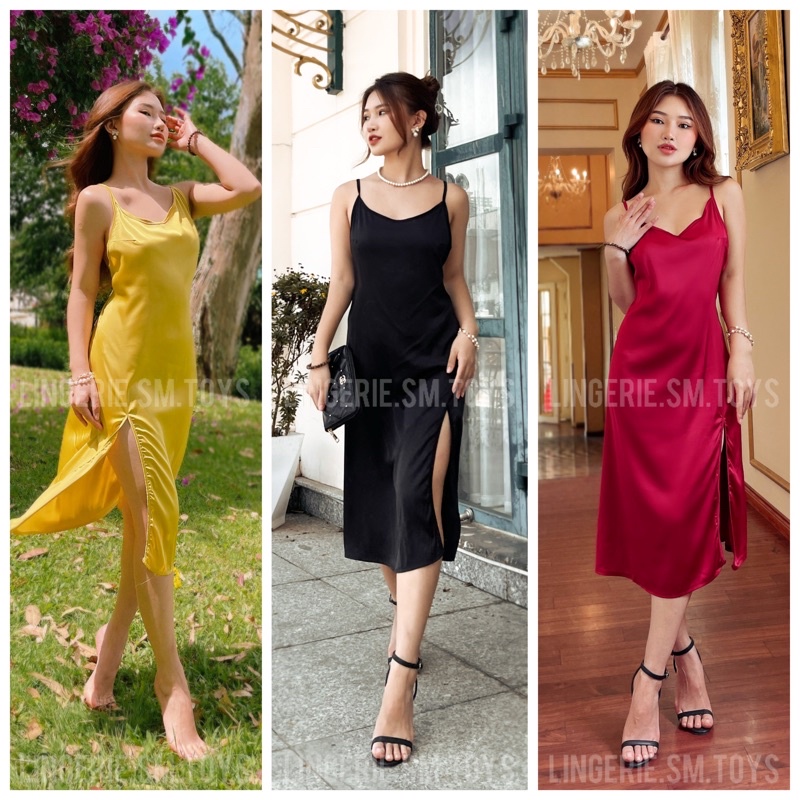 <Video+Ảnh Thật> Đầm Lụa Satin Xẻ Tà Điệu Đà Thướt Tha - Dây Bắt Chéo Tôn Lưng Gợi Cảm