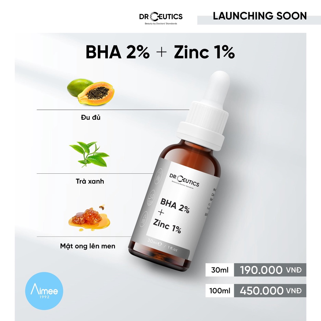 Serum BHA 2% + ZinC 1% DrCeutics Giảm Mụn Và Giảm Sưng Mụn 30ml [Aimee1992]